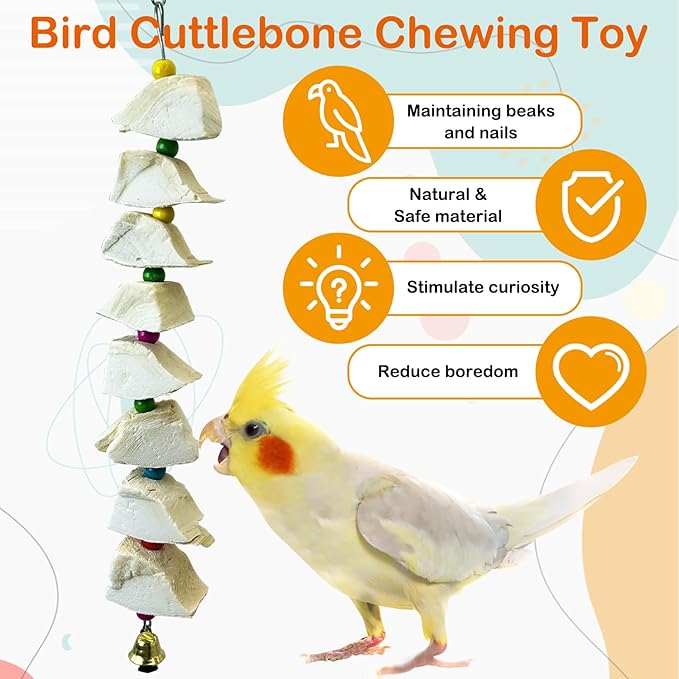 3 Pack Bird Chewing Toy Cuttlebone Parrot Toy with Bell Hanging Bird Beak Grinding Stone Parakeet Cage Accessories for Small & Medium Budgies Lovebirds Cockatiels (Block, 8 Per Skewer)