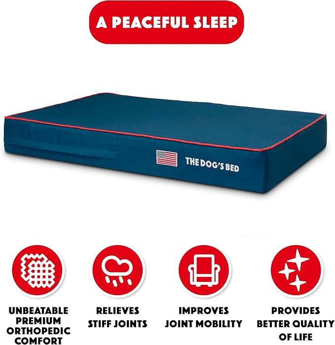 The Dog’s Bed Orthopedic Memory Foam Dog Bed, XL Blue Oxford with Red Trim USA Flag 46x28, Pain Relief for Arthritis, Hip & Elbow Dysplasia, Post Surgery, Supportive, Calming, Waterproof Washable