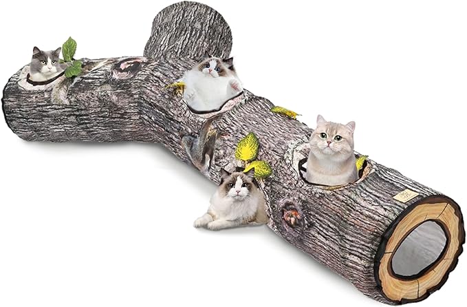 Tree Trunk Cat Tunnel - Cat Tunnels for Indoor Cats, Cat Bed Tree Hole Toy with Three Channels and Leaves, Foldable & Easy to Store, Suitable for Cats and Other Small Animals to Chase and Play