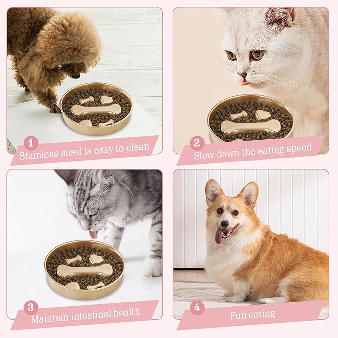 Golden Stainless Steel Slow Feeder Dog Bowls – Non-Slip Metal Dog Bowl for Large & Medium Breeds, Puppy Puzzle Feeder – 2 Cup Capacity for Small to Big Pets – Durable Slow Feed Dog & Cat Food Dish