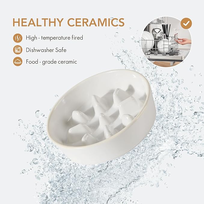 Ceramic 1.2 Cup Dog Bowl Slow Feeder, 7.3 inch Slow Pet Food Dish for Medium and Small Dog, Stop Bloat, Preventing Choking(Single Bowl, Reactived Glaze -White)