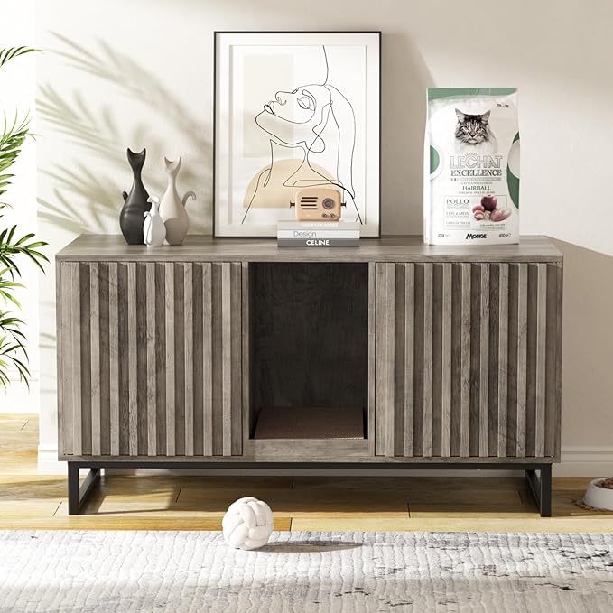 Double Litter Box Enclosure,Modern Cat Litter Box Enclosure for 2 Cats, Hidden Litter Box with Scratch Pad, Cat Washroom Pet House End Table, Entryway Bench for Livingroom (Gray)