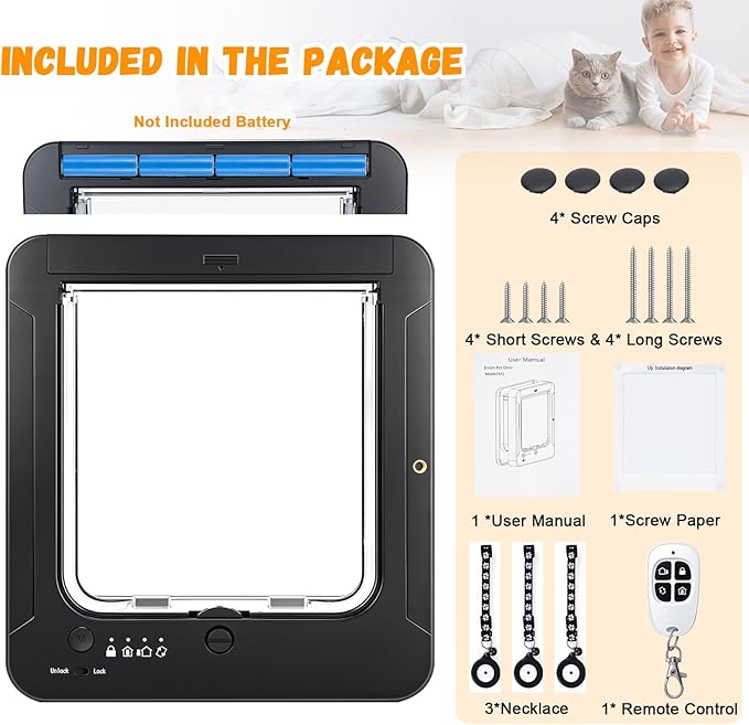 Smart Cat Door for Interior & Exterior, RFID Cat Pet Door with 3 Collar Sensor Keys & 1 Remote Control & 4 Way Locking Cat Flap with Collar Sensors Activated Opening CatDoor (Black)