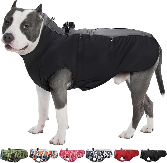 Dog Winter Jacket - XX Large, Warm Zip Up Snowsuit Dog Harness Vest, Reflective, Water-Resistant, Black