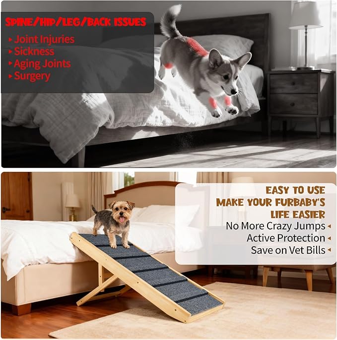 Upgraded Dog Ramp for Couch, Foldable Small Dog Pet Ramp for Low Bed, 5 Adjustable Height from 12'' to 20" Dog Stairs with Non-Slip Pad, 13.8" Wide Wooden Pet Steps for Dogs to Get on Bed Couch Car