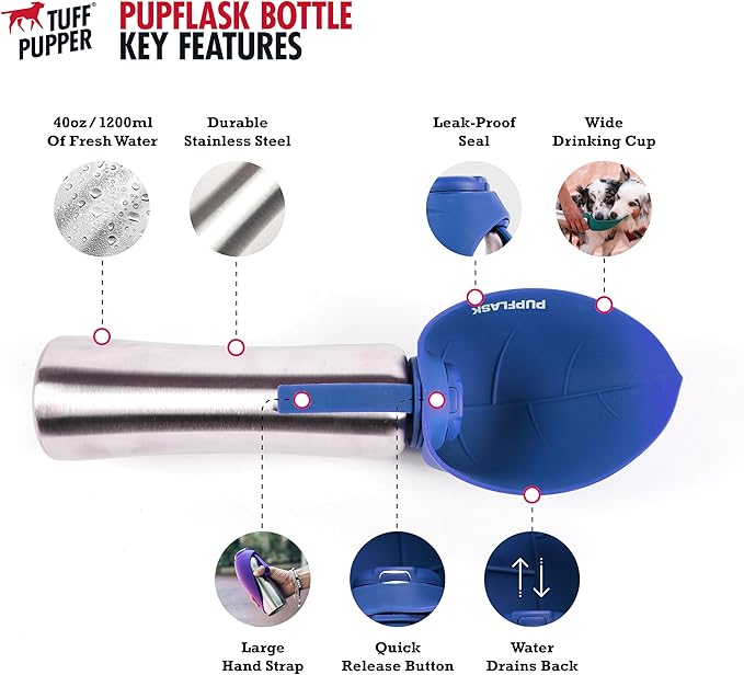 PupFlask Large Dog Water Bottle | 27 or 40 OZ Stainless Steel | Convenient Dog Drink Dispenser | Puppy Travel Water Bowl | Portable Pet Hydration Bottle | Leak Proof | Perfect Size For All Breeds