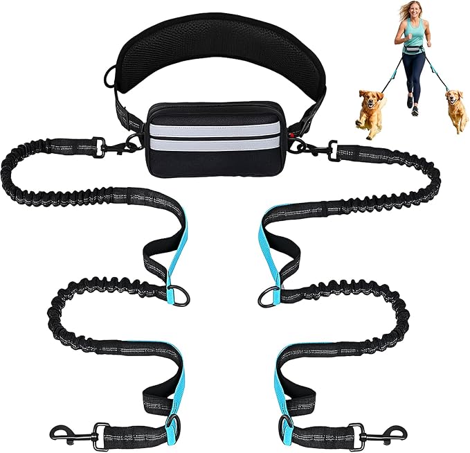 Hand Free Dog Leash with Pouch, Dog Leash for 2 Dogs with Dual Handles Retractable Dogs Walking Belt for Running Walking Jogging Pet Belt