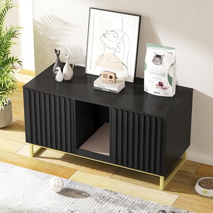 Double Litter Box Enclosure,Modern Cat Litter Box Enclosure for 2 Cats, Hidden Litter Box with Cat Scratch Pad, Cat Washroom Cat House End Table, Entryway Bench for Livingroom (Black)