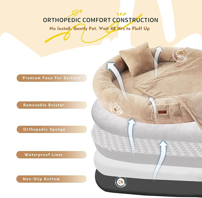 Human Dog Bed for Adults, 73"x56"x12" Washable Orthopedic Size, Faux Fur Removable, Cozy Large Present with Blanket and Pillow, Khaki