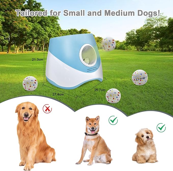 Automatic Dog Ball Launcher for Samll to Medium Dogs, Upgraded Interactive Toy Balls Thrower, Distance Adjustable Mental Stimulating Dog Toys with 4 Etpu Balls 2.2 Inch (Blue)