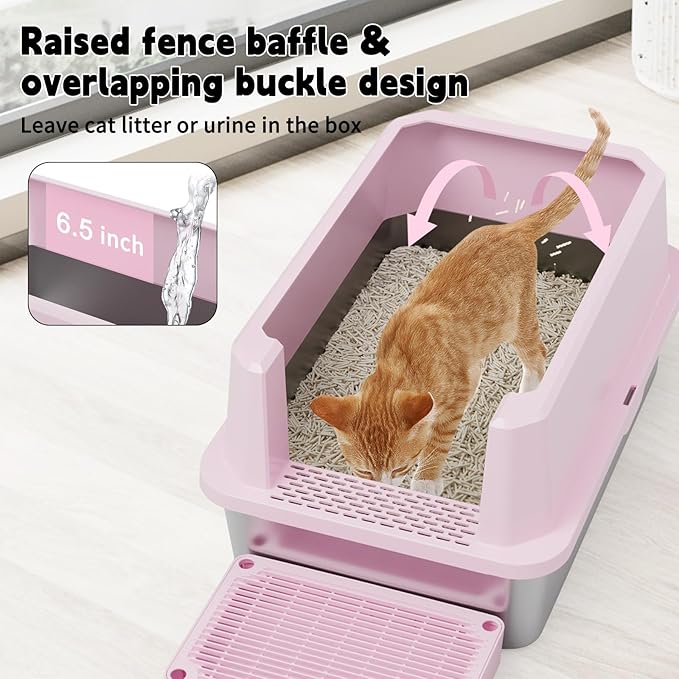 RIZZARI Large Cat Litter Box: Pink Semi-Closed Stainless Steel Litter Box with High Edges - Teflon Non-Stick Coating - Odorless Litter Pan Anti Leakage for Small to Large Cats for Bedroom Living Room