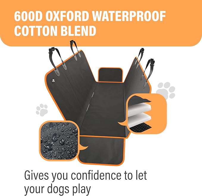 Active Pets XL Waterproof Hammock Large Car Seat Cover, Fits SUVs Trucks Big Sedans, Secure Convertible Travel Bed Protects Backseat Cargo from Dog Puppy Pet Water Food Drool Urine, Black Orange Trim