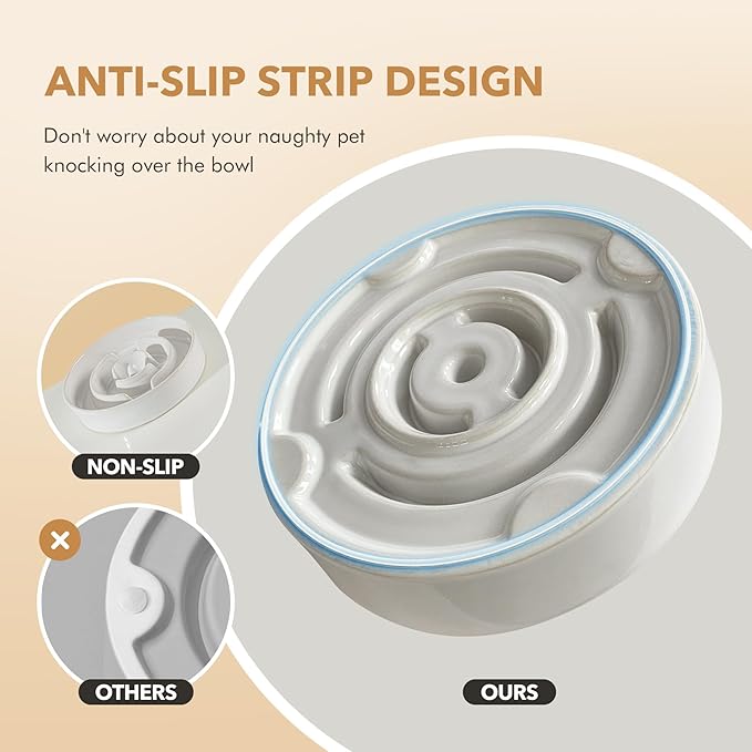 Ceramic 1.6 Cup Dog Bowl Slow Feeder for Large and Medium Dog, 8.2inch Pet Slow Dish, Stop Bloat, Preventing Choking(Single Bowl, Reactived Glaze -White)