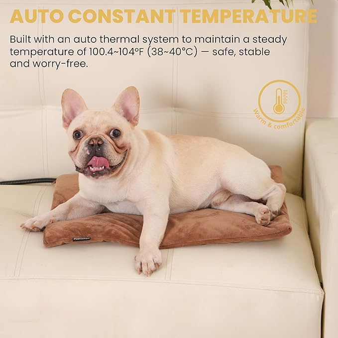 Heated Pet Pad for Dogs and Cats, Waterproof Heating Mat with Chew-Resistant Cord, Constant Warmth for Indoor & Covered Outdoor Use, Multiple Sizes and Colors (Brown, M: 20" × 16" × 1.3")