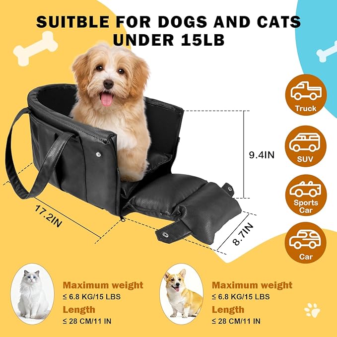 2 and 1 Center Console Dog Car Seat & Carrier for Small Dogs, Large Leather Dog Car Bed with Storage Pocket, Waterproof PVC Leather Seat Travel Bed for Front & Back Seat, Clip-On Safety Leash