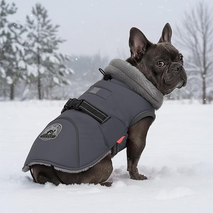 KYEESE Waterproof Dog Coat, Windproof Warm Winter Jacket with Thick Fleece Lined, Turtleneck Dog Coats for Small Dogs with Leash Hole, Reflective Outdoor Cold Weather Coat, Gray, Medium