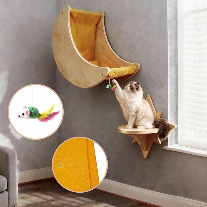 Cat Wall Shelves, Moon and Star Cat Wall Furniture for Indoor, Multi-Level Wooden Climbing Set with Cute Toys