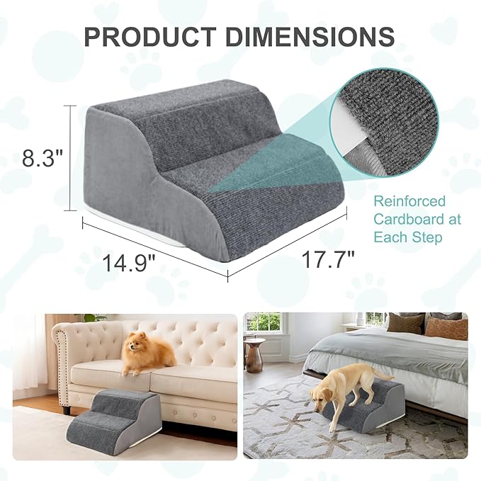 Docred 2-Step Dog Stairs for Small Dogs and Cats - Doggy Ramp, Non-Slip Sturdy Pet Steps for Beds, Couch, Sofa, Washable Dog Ramp with Removable Cover