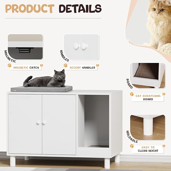 WARCAT Cat Litter Box Enclosure, Modern Hidden Litter Box Enclosure Furniture, Hidden Washroom with Scratch Pad, Barn Door Design, Indoor Cat House & End Table (White)