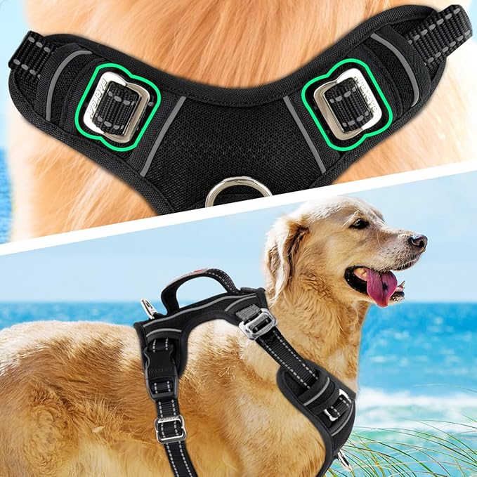 BARKBAY No Pull Dog Harness 3 Buckles Large Reflective Dog Harness with Front Clip and Easy Control Handle for Walking Training Running with ID tag Pocket(Black,M)