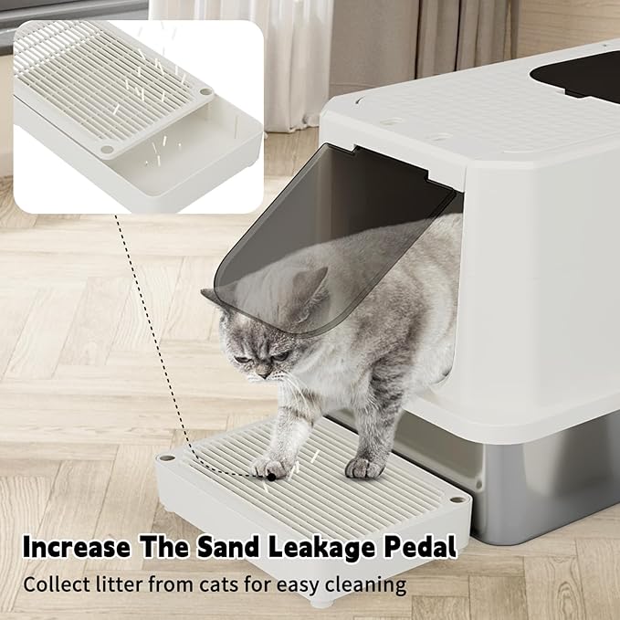 RIZZARI Stainless Steel Cat Box: Beige Leak-Proof Large Enclosed Litter Pan Indoor Odorless Tray for Multiple Cats - Teflon Non-Stick Coating - for Cats Under 20 lbs - Ideal for Laundry Room Balcony
