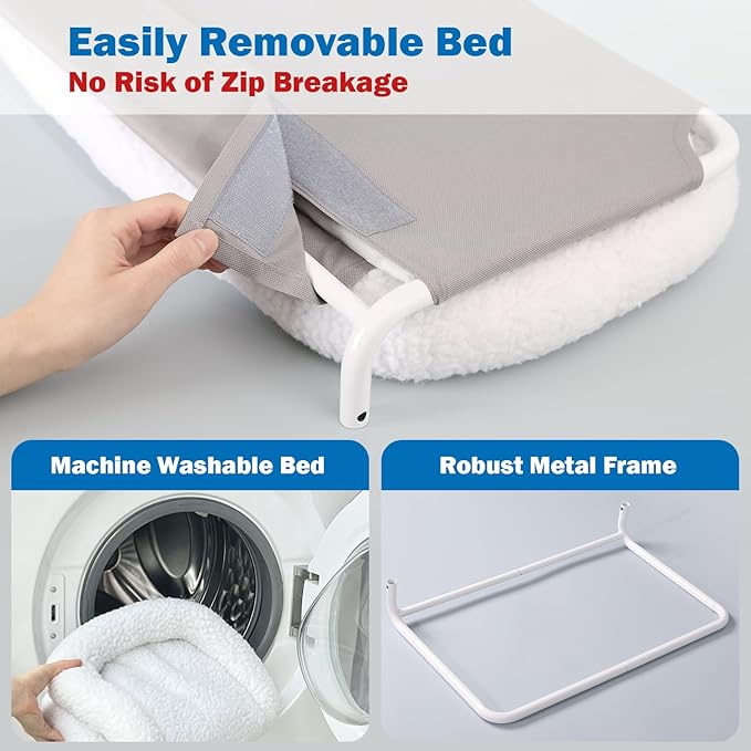 Zakkart Foldable Cat Hammock for Window - Cordless, Embeded Machine Washable Bed, Robust Metal Frame - Cat Window Perch for Large Cats and Kittens (White Bolster Bed, Large)