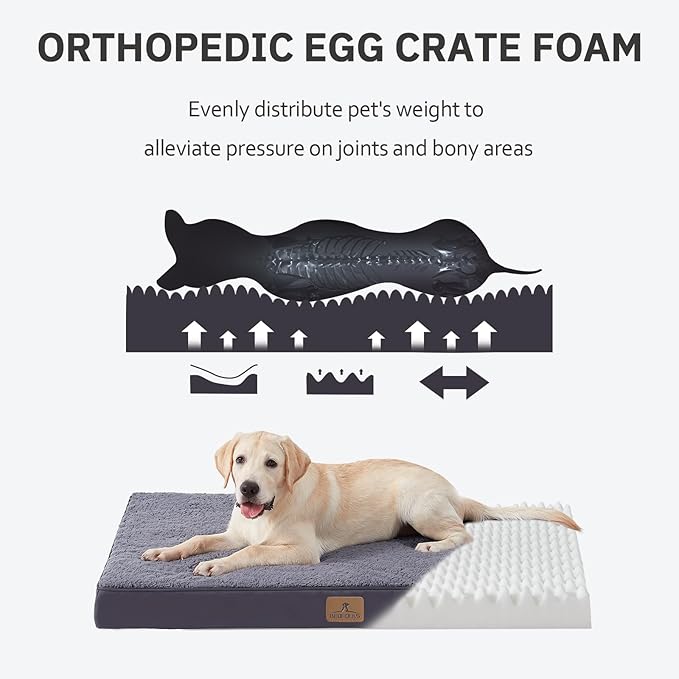 Bedfolks Orthopedic Dog Bed for Extra Large Dogs - Egg Foam Dog Crate Bed with Removable Waterproof Cover, Pet Bed Mat Suitable for Dogs and Pets Up to 100 lbs (44 x 32 x 3.5 inches, Dark Grey)