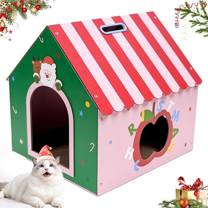 WUGO Christmas Cat Scratcher House - Cardboard Cat House with 2pcs Scratching Pad 16.5"x16"x17" Christmas Decorations Scratcher for Kitty Play House for Indoor Cats’ Birthday Cats Xmas Red