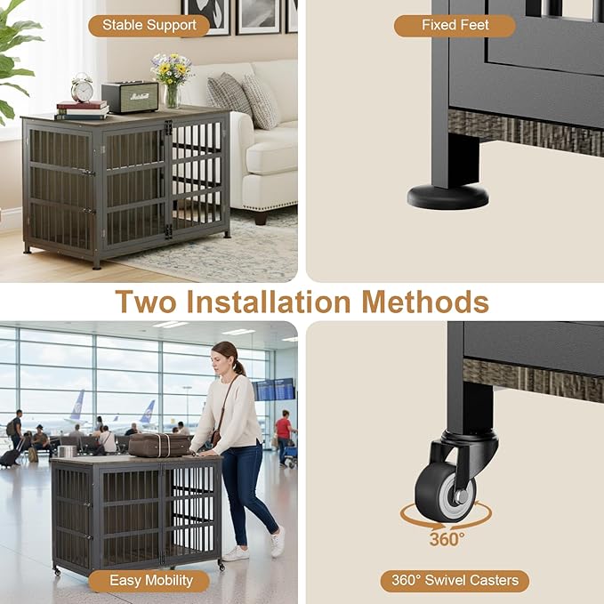 46" Dog Crate Furniture with Wheels, XXL Heavy Duty Dog Kennel Indoor for XL Dogs, Metal Chew-Proof Dog Cage, 45.9" L x 27.6" W x 32.4" H, Decorate House as TV Stand, End Table — Grey