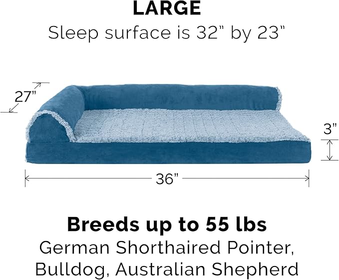 Furhaven Orthopedic Dog Bed for Large/Medium Dogs w/ Removable Bolsters & Washable Cover, For Dogs Up to 55 lbs - Two-Tone Plush Faux Fur & Suede L Shaped Chaise - Marine Blue, Large