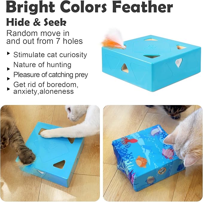 Migipaws MigiBox Cat Toy with PopSkin, Interactive Kitten Toy for Indoor Cats, Automatic Pop Out Feathers from 7 Holes Randomly, Pounce Mystery Under Cover to Stimulate Bored Furry, Rechargable
