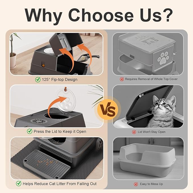 Stainless Steel Litter Box with Lid XL Extra Large Litter Box Enclosed Top Entry Metal Litterbox for Big Cats Easy Cleaning Less Leakage & High Sided with Mat Aisle & Scoop, Dark Grey