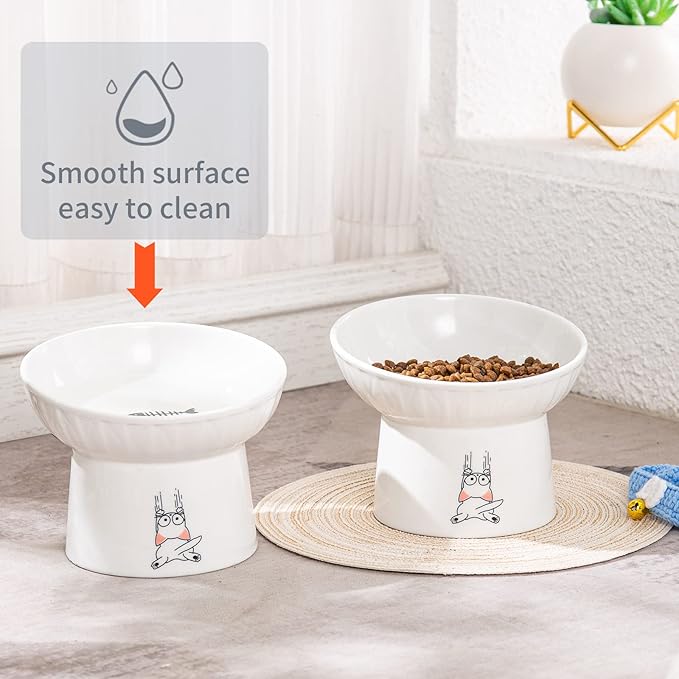 OMAYKEY 6.5 Inch Extra Wide Ceramic Raised Cat Bowls, Porcelain Tilted Elevated Cat Food Water Bowl Dish, Stress Free Pet Feeder Bowls Dishes for Elder Big Cats & Small Dogs, White - 2 Pack
