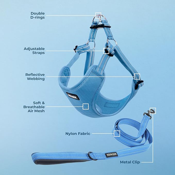 Best Pet Supplies Voyager Mesh Dog Breathable Harness Reflective Stitching, All Weather Adjustable for Walking Training, or Running - Heavy Duty & Durable, Harness Leash Set (Baby Blue), XS