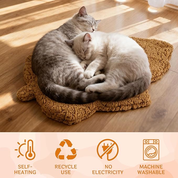 3 Pack Self Warming Cat Dog Bed Leaf Shape Self Heating Pet Mat Non Electric Washable Thermal Sleeping Pad Plush Heated Pet Mat for Crate Floor Indoor Outdoor(Orange,Small-16 x20)