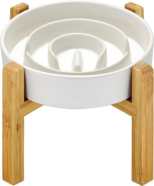 Ceramic Slow Feeder Dog Bowls Elevated, 2.0 Cups Slow Feeder for Medium and Large Dogs, Puzzle Maze Bowl to Slow Down Eating, 30oz, 8in, White