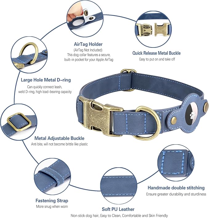 AirTag Dog Collar for Large Dogs - Soft Leather Dog Collar with Apple AirTag Holder and Metal Buckle - Smart Tracker GPS Apple Air Tag Pet Collars (Navy Blue, L)