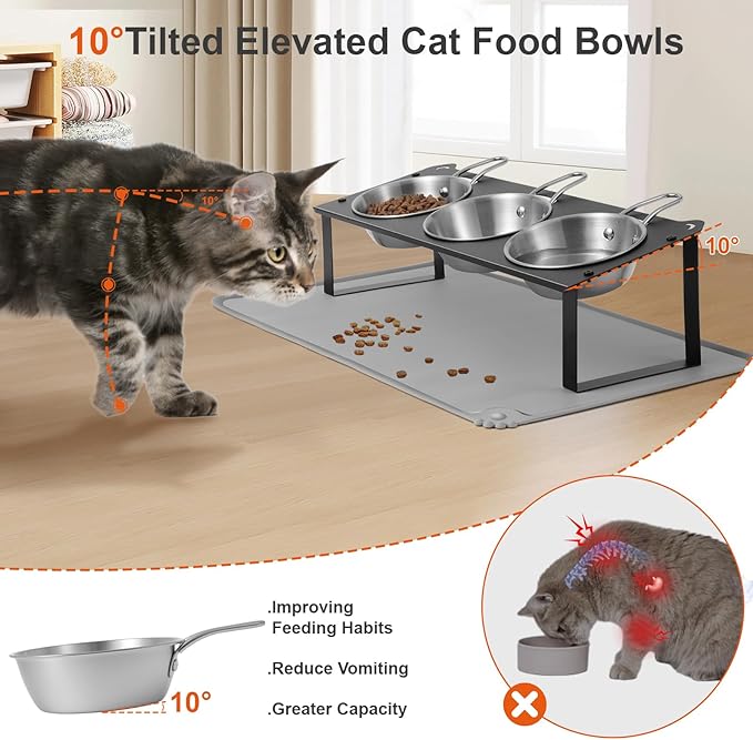 Elevated Cat Bowls with Food Mat, 10°Tilted Non-Slip Raised Cat Food Water Bowls Set, 3 Thick Stainless Steel Pets Dishes with Handles to Indoor Kitten Puppy, Anti-Vomiting Cute Metal Feeding Stand