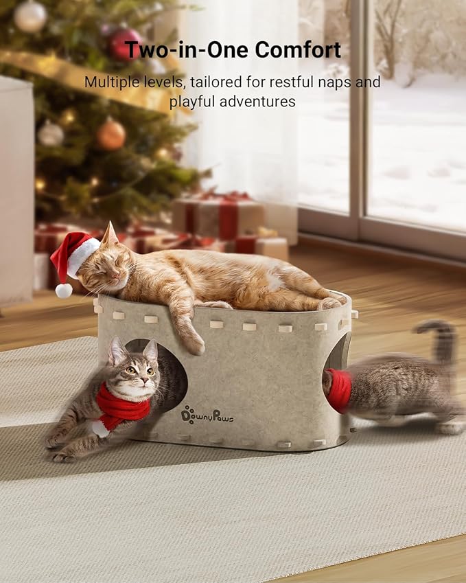 DownyPaws Cat House for Indoor Cats, Cat Bed Cave for Multiple & Large Cats Up to 22 Lbs, Scratch Resistant, Foldable Peekaboo Kitten Caves Tunnel Enclosed Bed, PeekaPurr, Cream