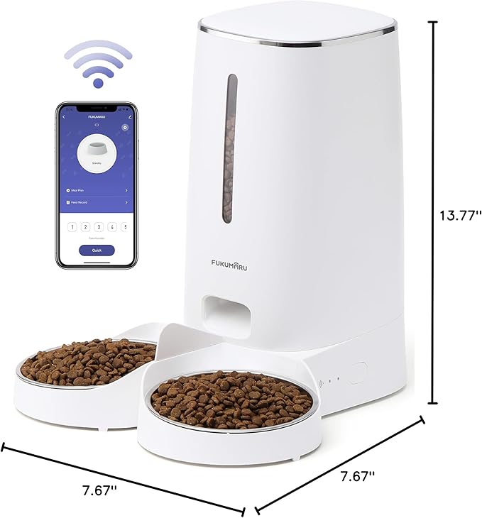 FUKUMARU Automatic Cat Feeder, 4L Dog Feeders with Double Bowls, Support DIY Meals and Timed Control WiFi Cat sFood Dispenser, Suit for Most Pet Food