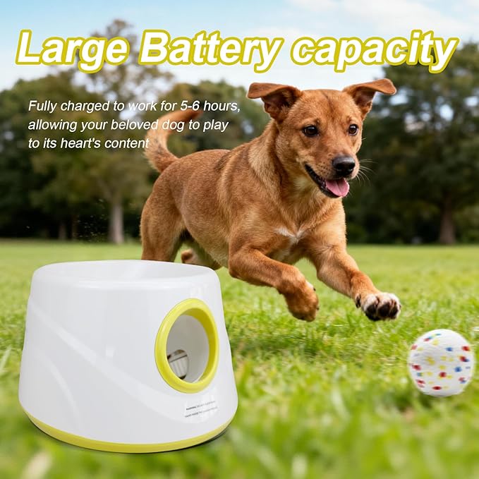 Automatic Dog Ball Launcher with 6 ETPU Balls, White, Adjustable Distance 20-45ft, USB Rechargeable, Interactive Pet Toy-Blue (Yellow)