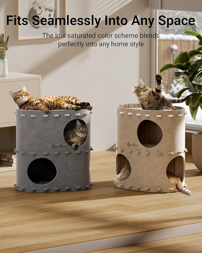 DownyPaws Cat House for Indoor Cats, 2-Storey Foldable Cat Bed Cave, Felt Cats Tunnel Bed Condo, Castle Kitten Cube Hideaway for Multicats, Scratch Resistant, Light Gray