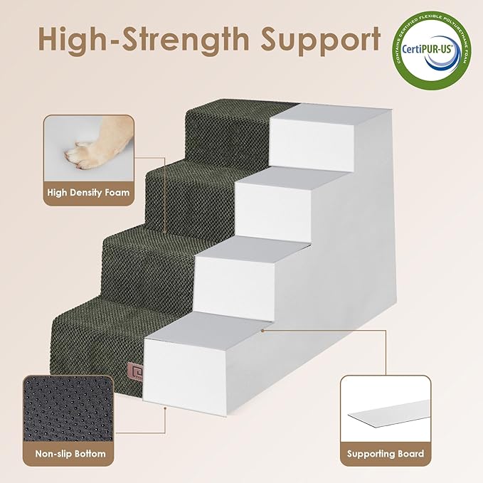 EHEYCIGA Dog Stairs for Bed 20" H, 4-Step Extra Wide Dog Steps for High Bed, Pet Steps for Small Dogs and Cats, Non-Slip Balanced Pet Ramp Indoor, Military Green