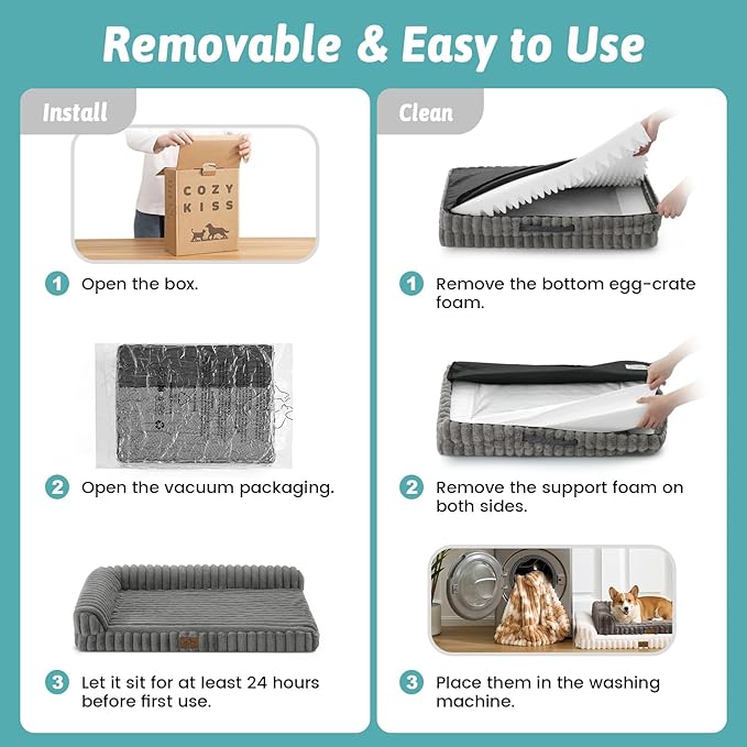 Cute Dog Bed, Faux Rabbit Fur Orthopedic Foam Dog Bed with Sides, Removable Washable Cover & Waterproof Lining, Comfortable Pet Couch for Small Dogs, Grey (30" L x 20" W x 6" Th)