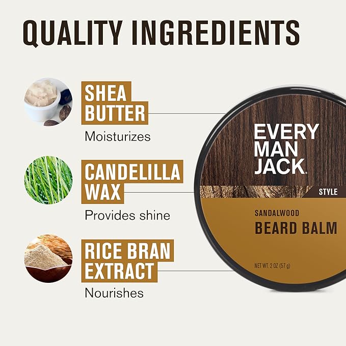 Every Man Jack Beard Grooming Kit for Men - Includes Sandalwood Beard Oil & Beard Balm, Beard Brush, Wooden Dual-sided Comb, Trimming Scissors and Mustache Comb