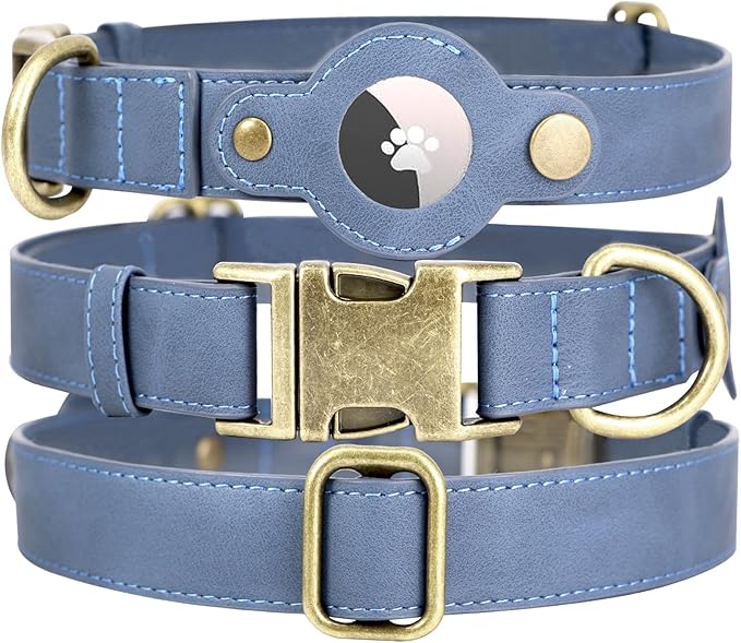 AirTag Dog Collar for Small Dogs Puppy - Soft Leather Dog Collar with Apple AirTag Holder and Metal Buckle - Smart Tracker GPS Apple Air Tag Pet Collars (Navy Blue, S)