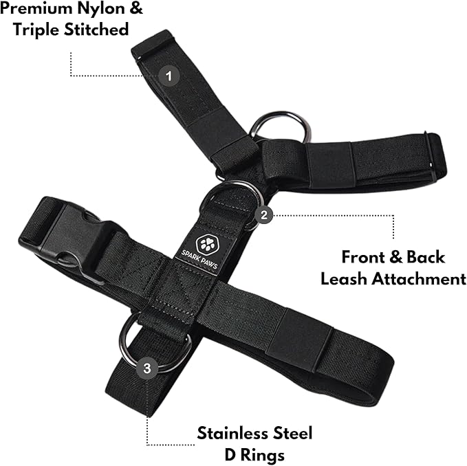 Spark Paws No Pull Dog Harness for Large Dogs, Heavy Duty Dog Harness for Big Strong Breeds, Adjustable, Y Shaped Padded Halter Design with Front Clip - Black - M