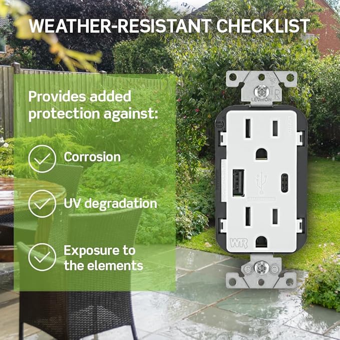 Leviton Type A & Type-C USB In-Wall Charger with 15A Tamper-Resistant Outlet, Outdoor USB Charger for Smartphones and Tablets, Not for Laptops, W5633-W, White