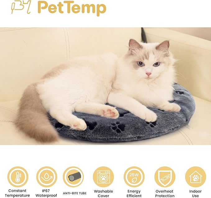 Heated Pet Pad for Dogs and Cats, Waterproof Heating Mat with Chew-Resistant Cord, Constant Warmth for Indoor & Covered Outdoor Use, Multiple Sizes and Colors (Grey, R: 16" × 16" × 1.3")