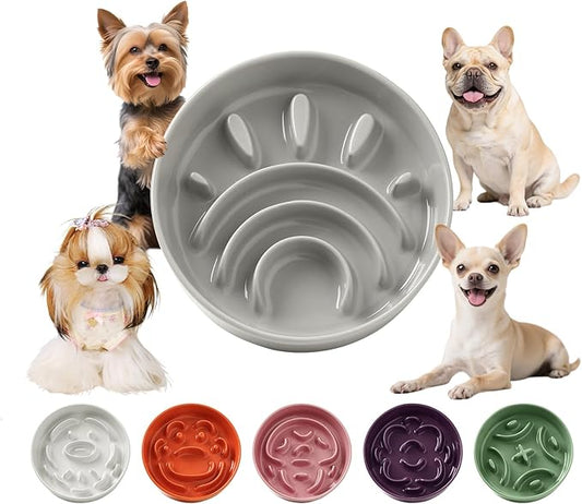 Ceramic Dog Slow Feeder Bowl - Small Dog Food Dish with Maze Puzzle Design - Slow Eating Puzzle Feeder for Pet Feed & Food Control - Whisker-Friendly Bowl for Cat Feeding - 6.3 Inch - 180 g - Grey